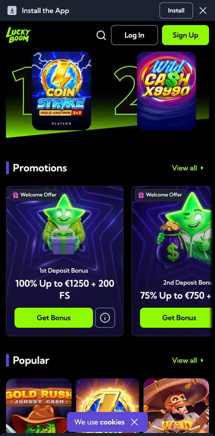 Το λόμπι του LuckyBoom σε κινητό
